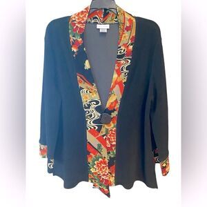 Soft Surroundings Sz M Black Asian Inspired Floral Button Close Elegant Cardigan